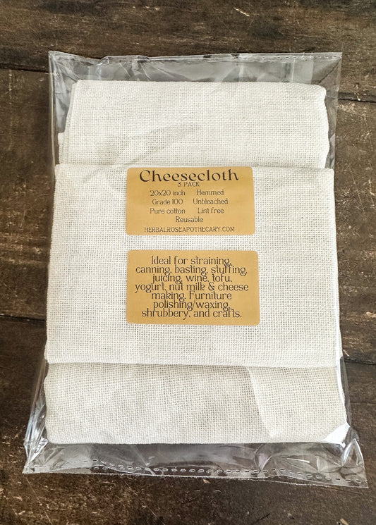 Cheesecloth package with label on a wooden surface