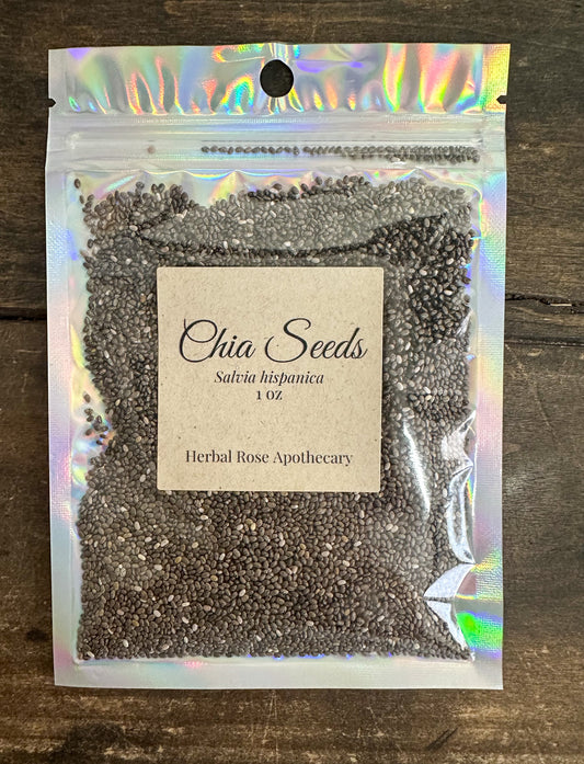 Package of chia seeds 1oz with a label on a wooden surface