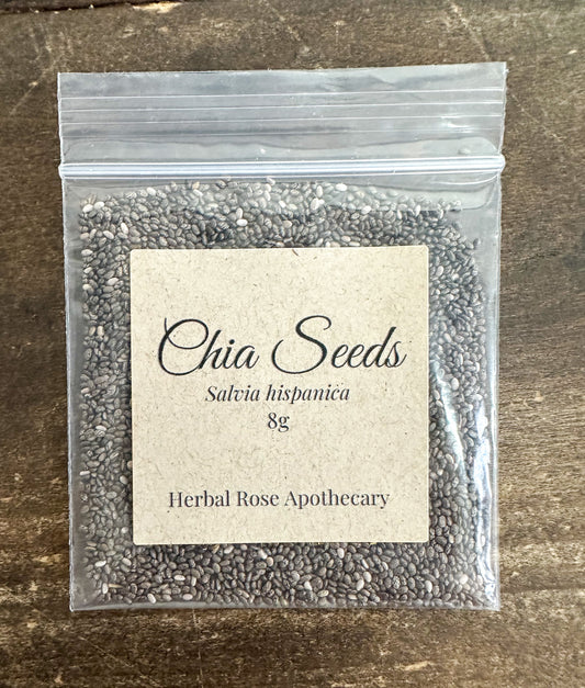 chia seeds 8g bag on a wooden surface