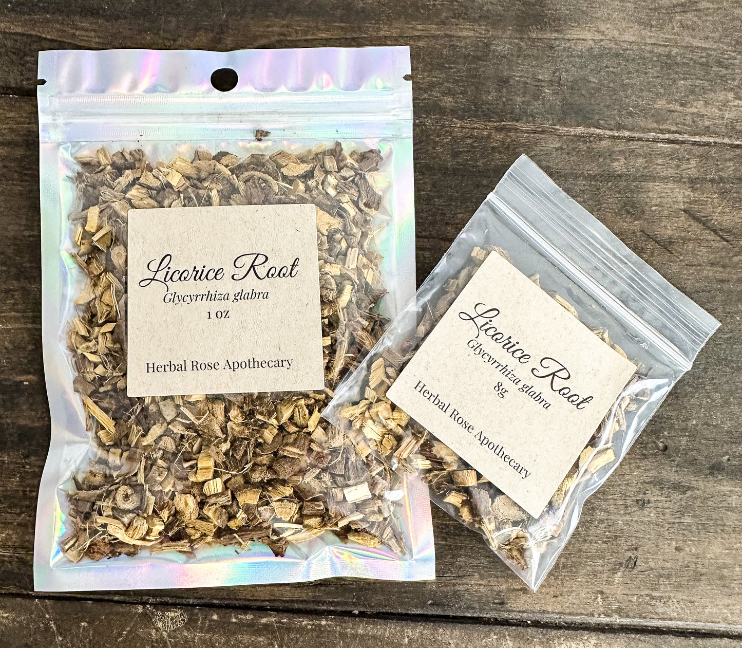 two packaged up dried licorice root bags on wooden surface from herbal rose apothecary