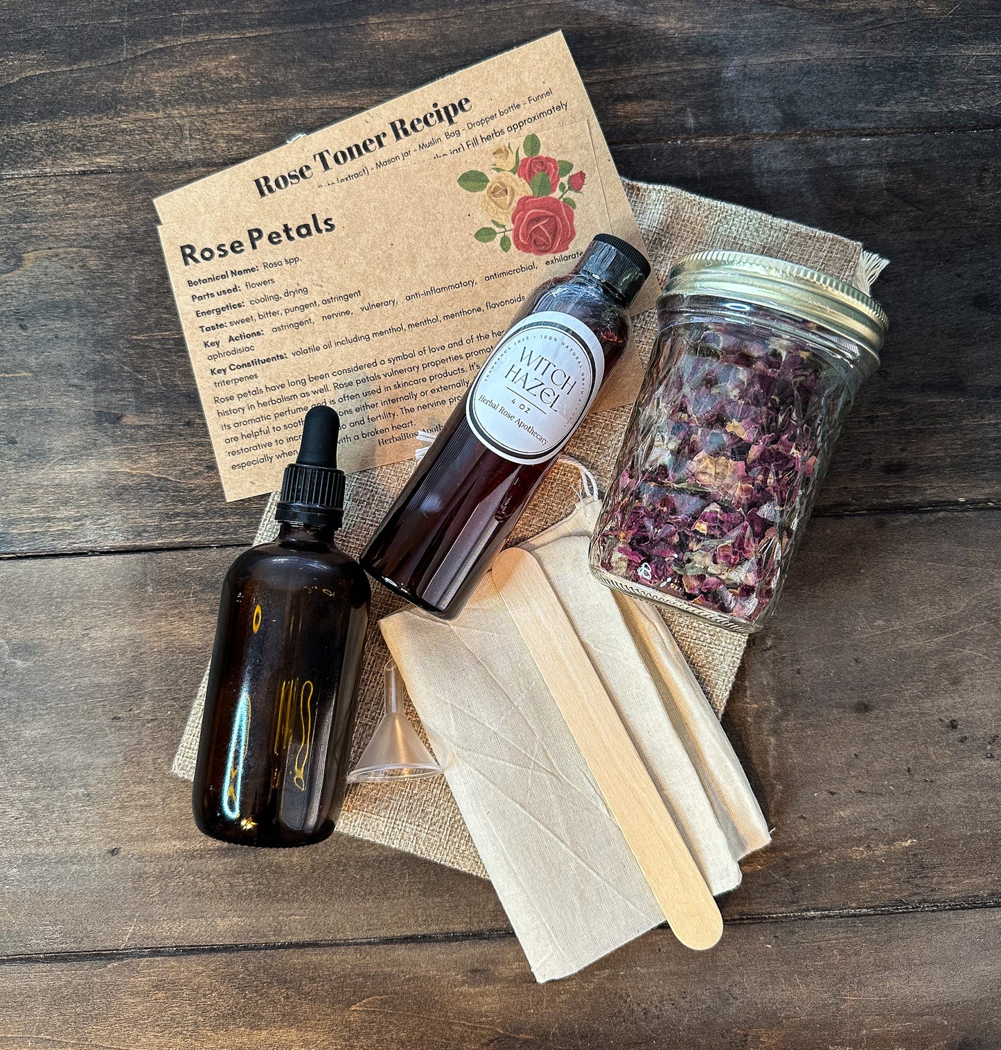 Ariel view of contents of rose toner diy kit