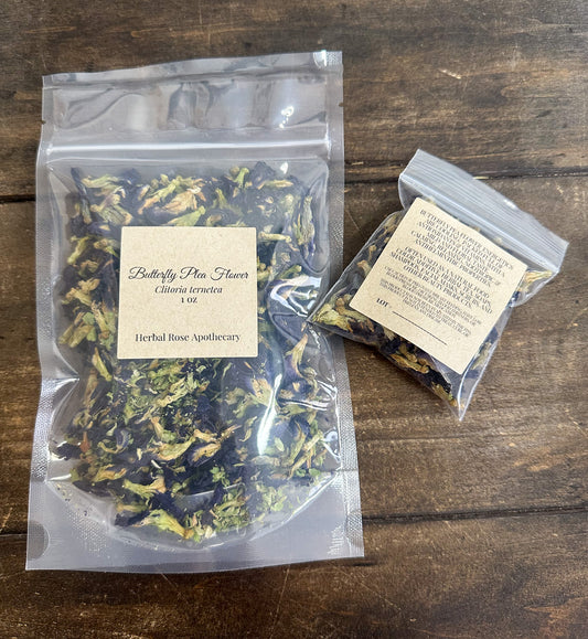 butterfly pea flower herbs in 1oz bag and 8g bags