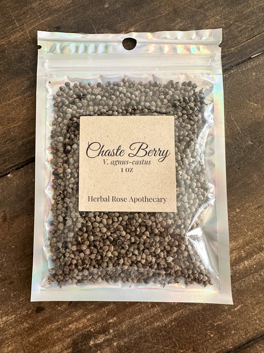 Package of Chaste Berry 1oz from Herbal Rose Apothecary on a wooden surface