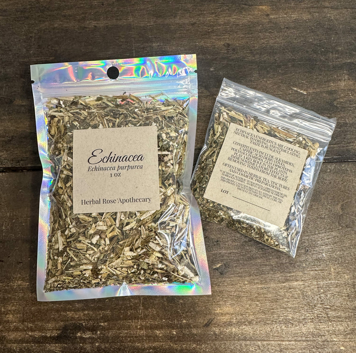 two packages of echinacea herb in resealable bags on a wooden surface