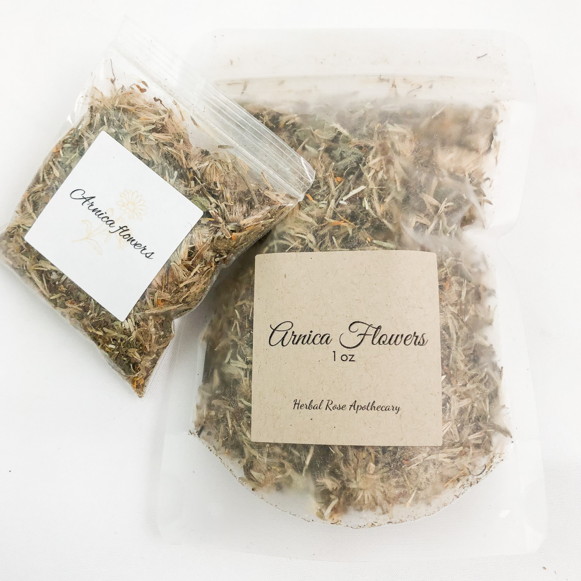 dried arnica flowers in 8g bag and 1oz bag with white background