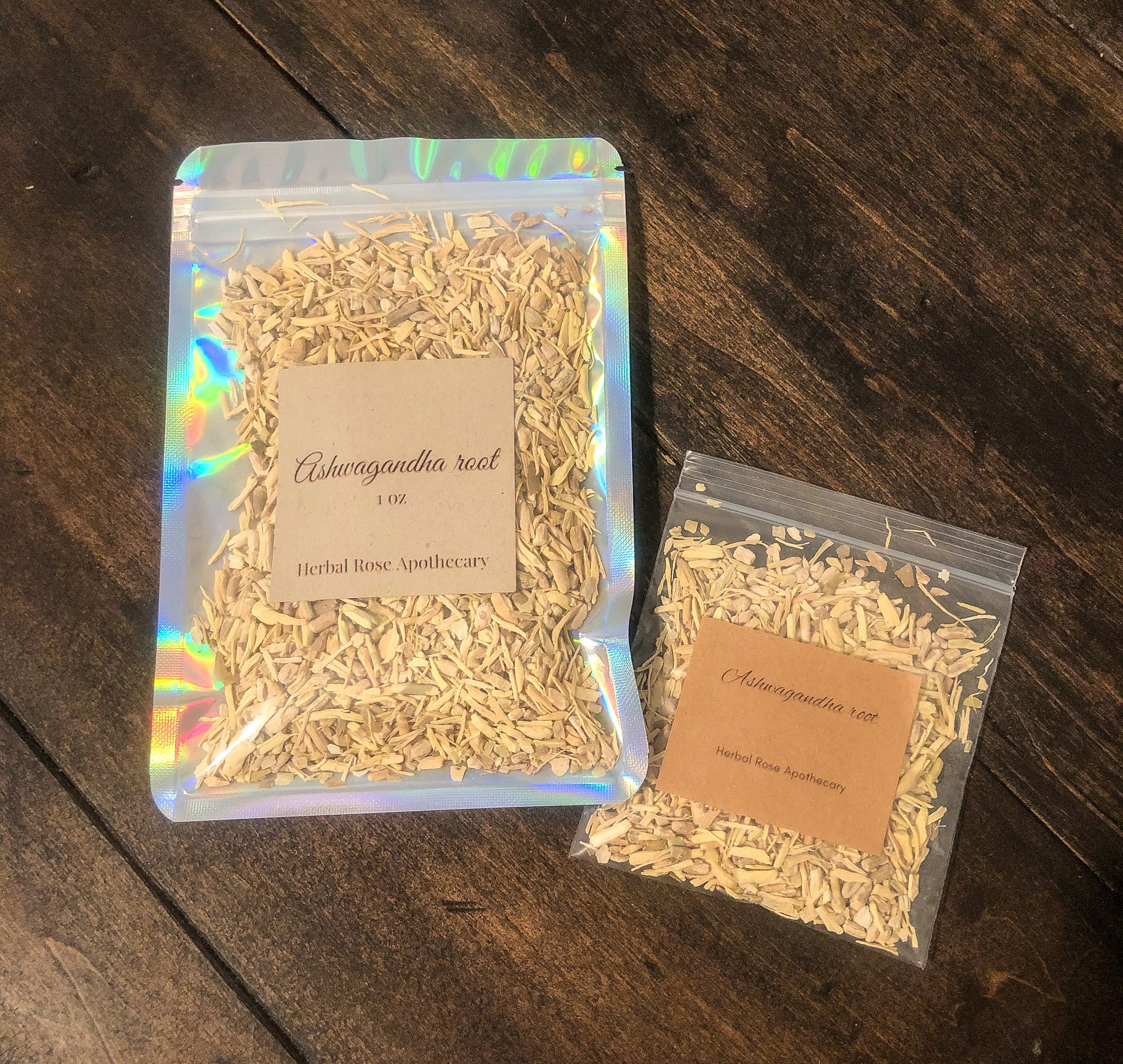 ashwagandha root 8g and 1oz in clear bags on wooden background
