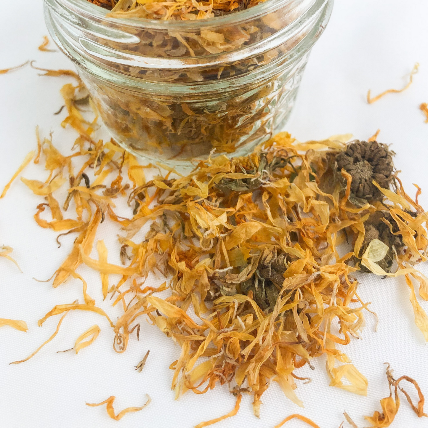 upclose image of dried calendula spilling out of clear glass jar with white background