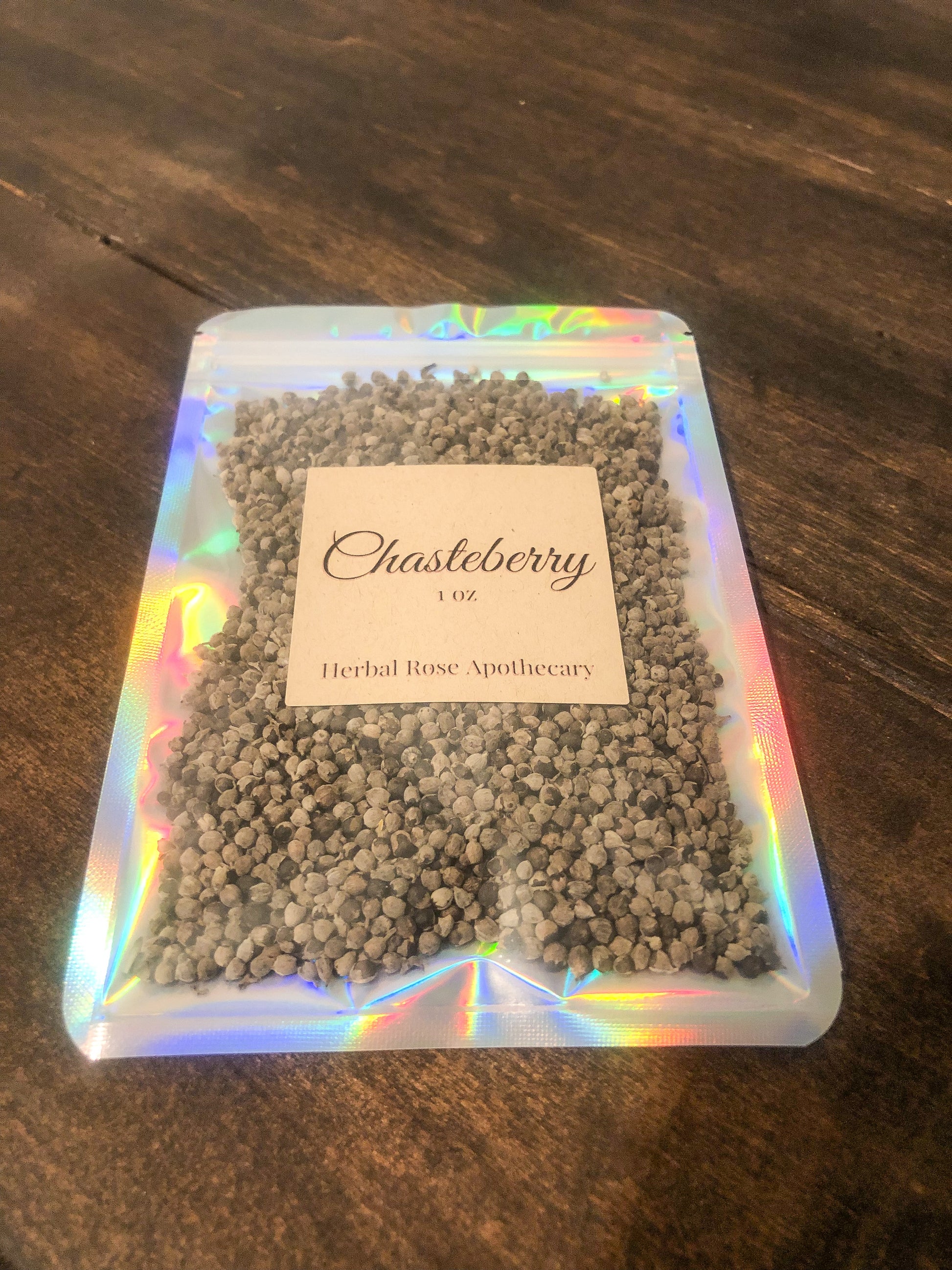 chasteberry 1oz in clear bag on wooden background