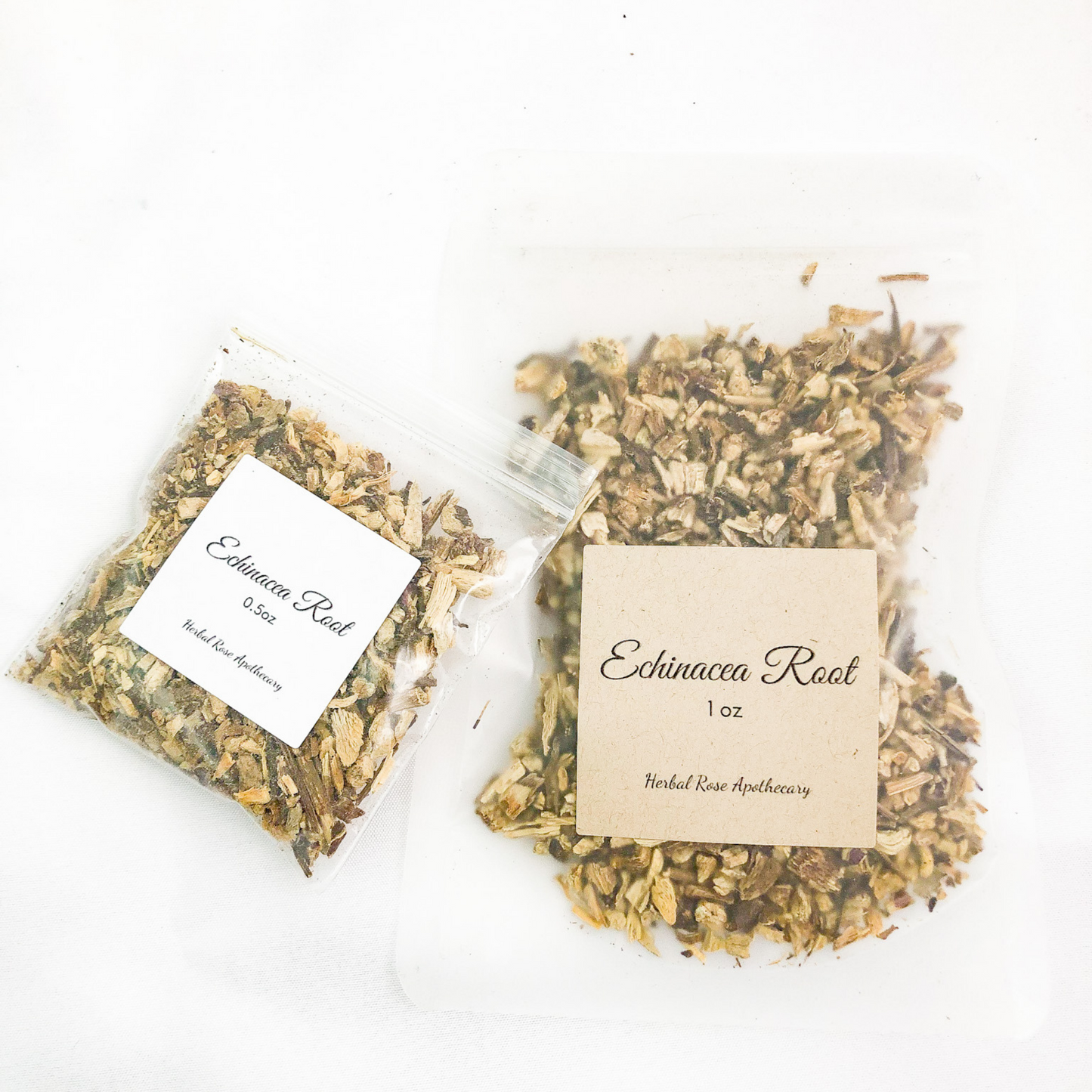 image of dried echinacea in a 1oz clear bag and a 8g clear bag with a white background
