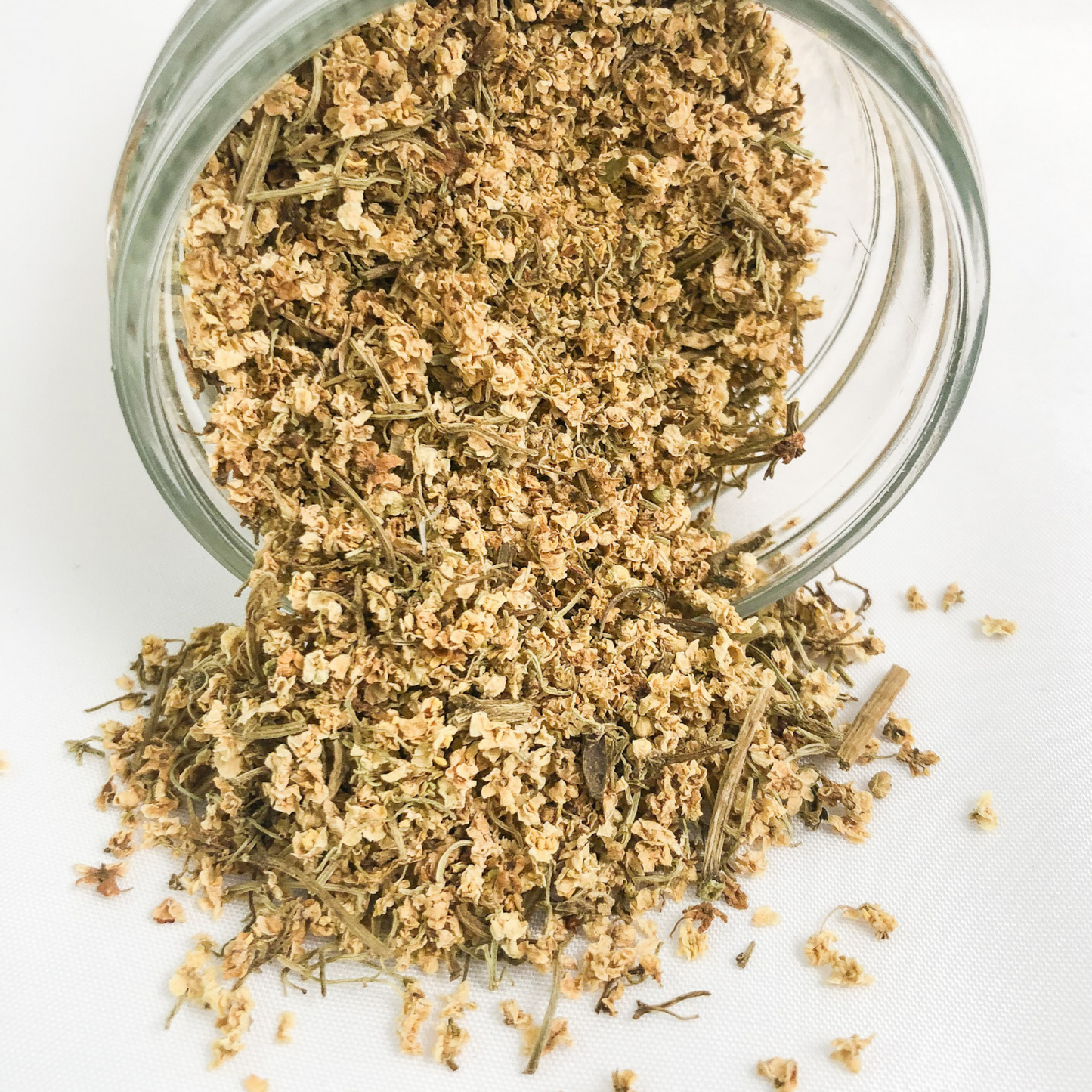 mason jar spilled over with dried elderflowers spilling out white background