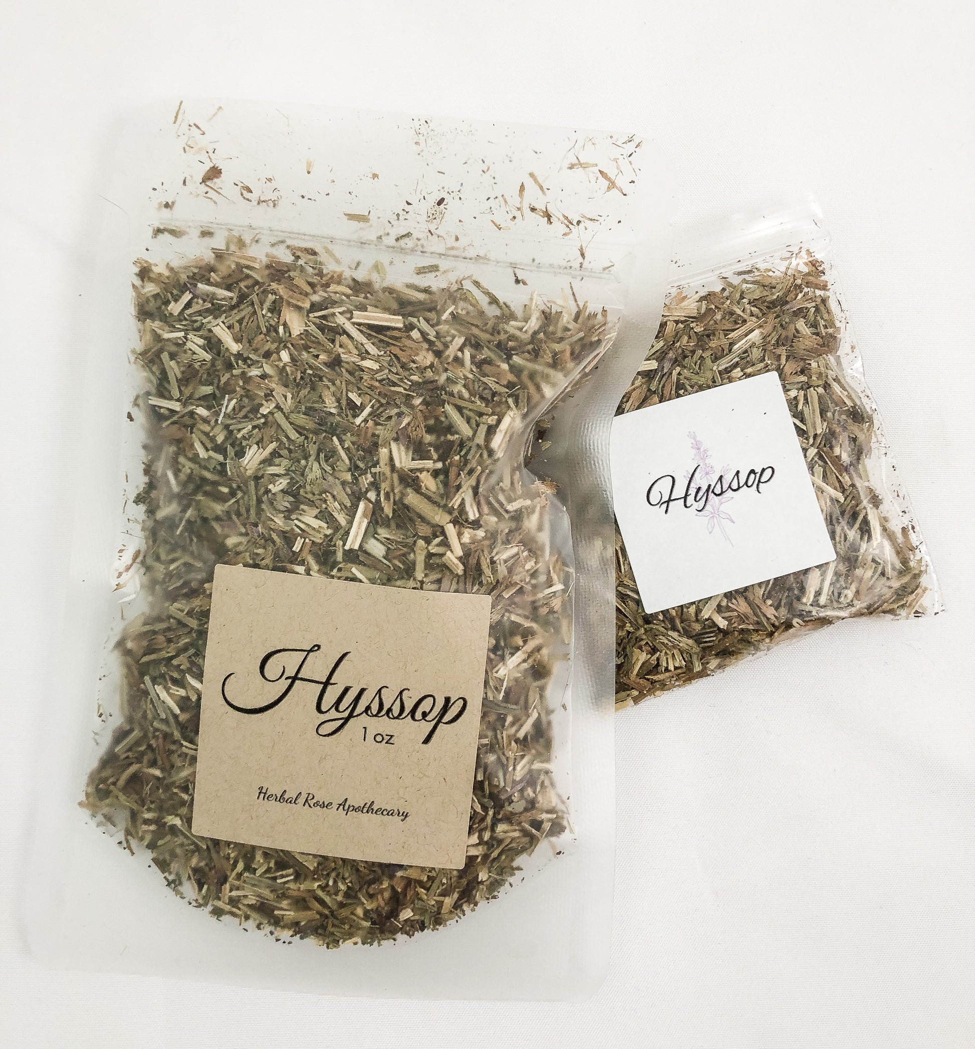 image of dried hyssop in a 1oz clear bag and dried hyssop in a clear 8g bag with a white background